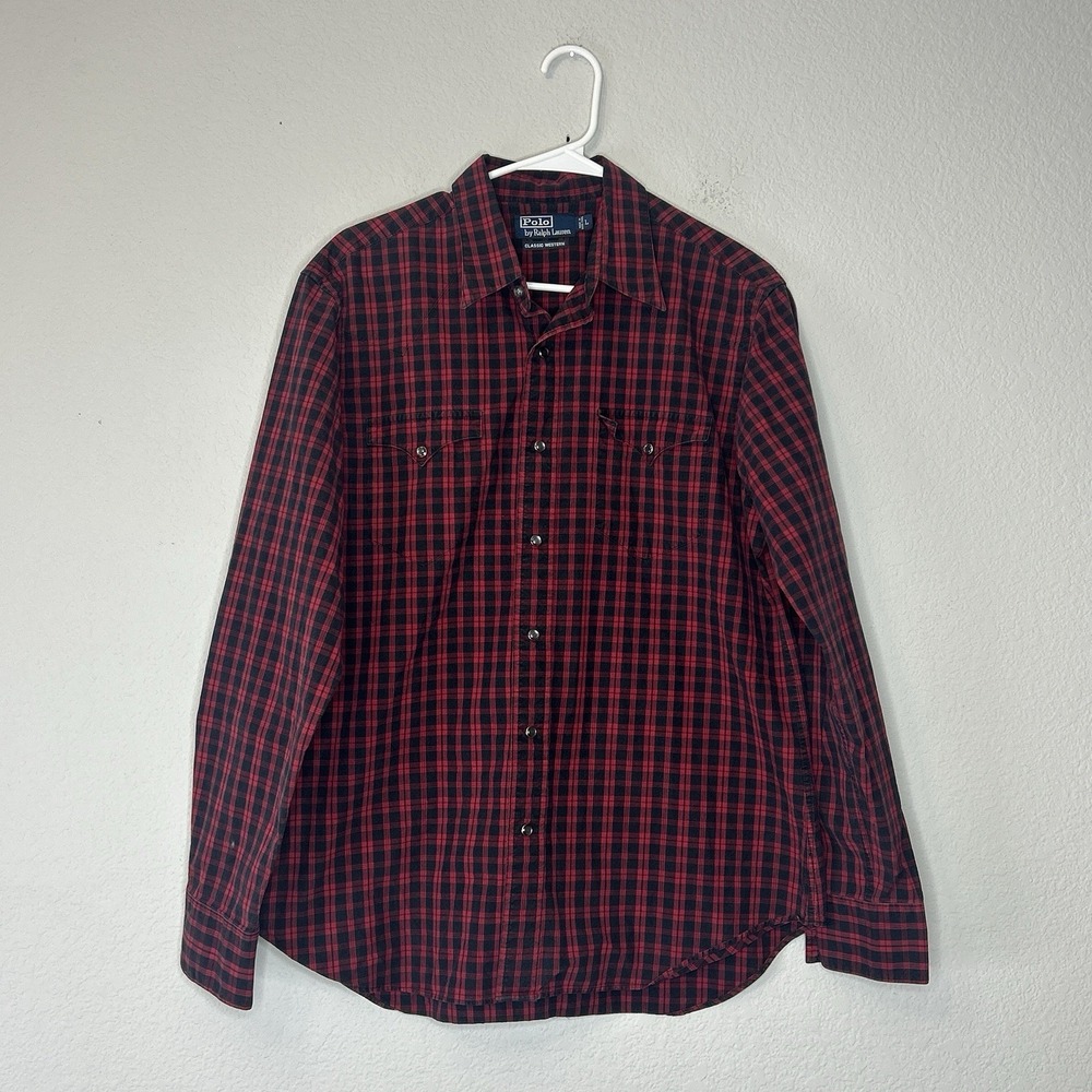 VTG Polo Ralph Lauren Classic Western Pearl Snap Shirt Men's L Red Black Plaid